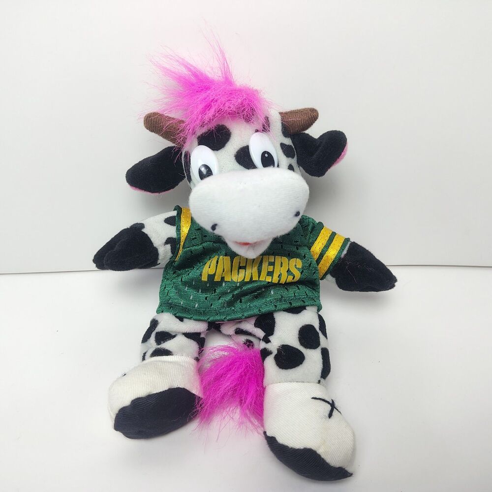 Vintage 1997 Green Bay Packers Plush Cow Stuffed Animal Pink Hair Jersey Mascot